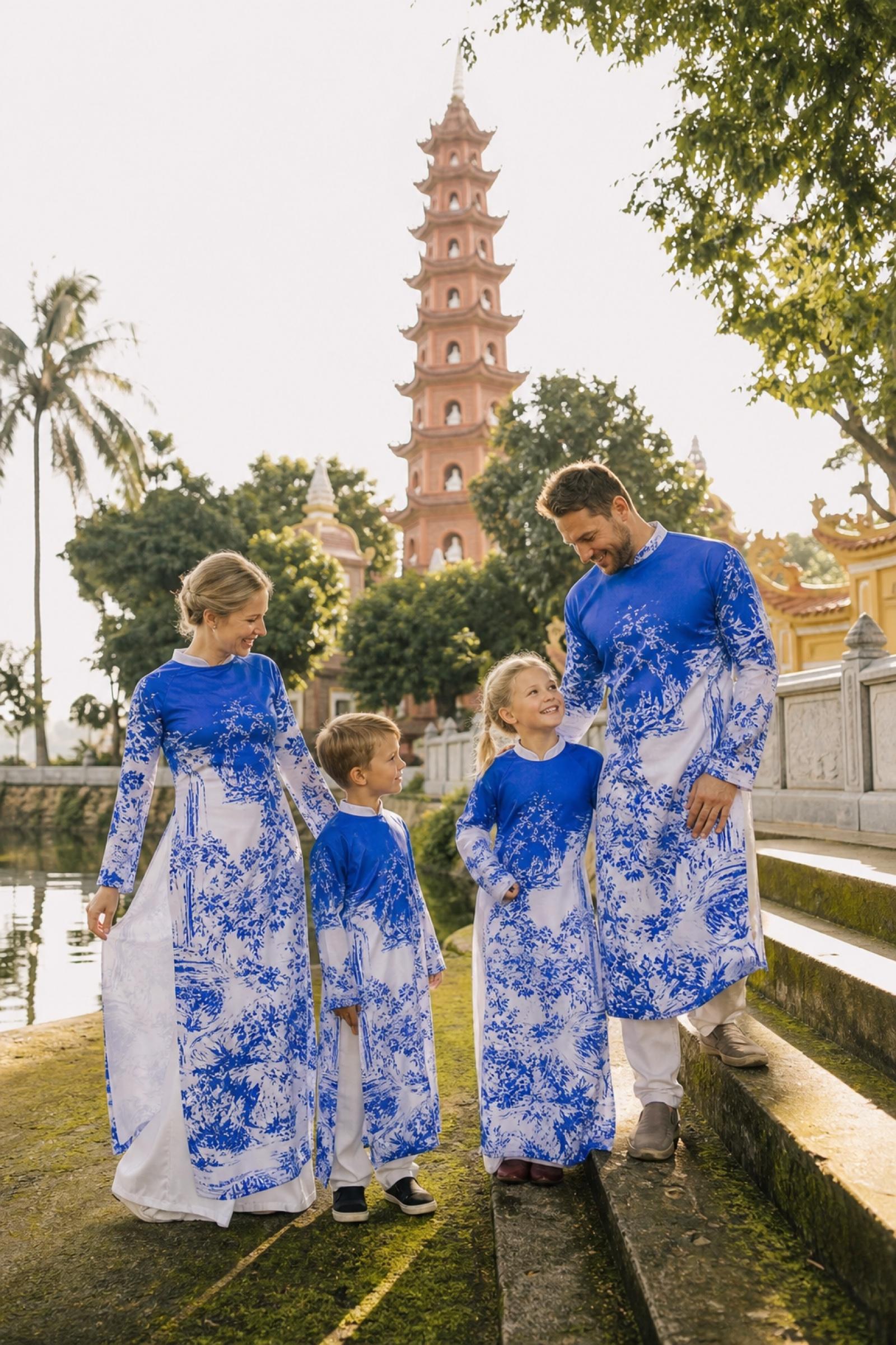 Family in ao dai at Tran Quoc Pagoda, Hanoi